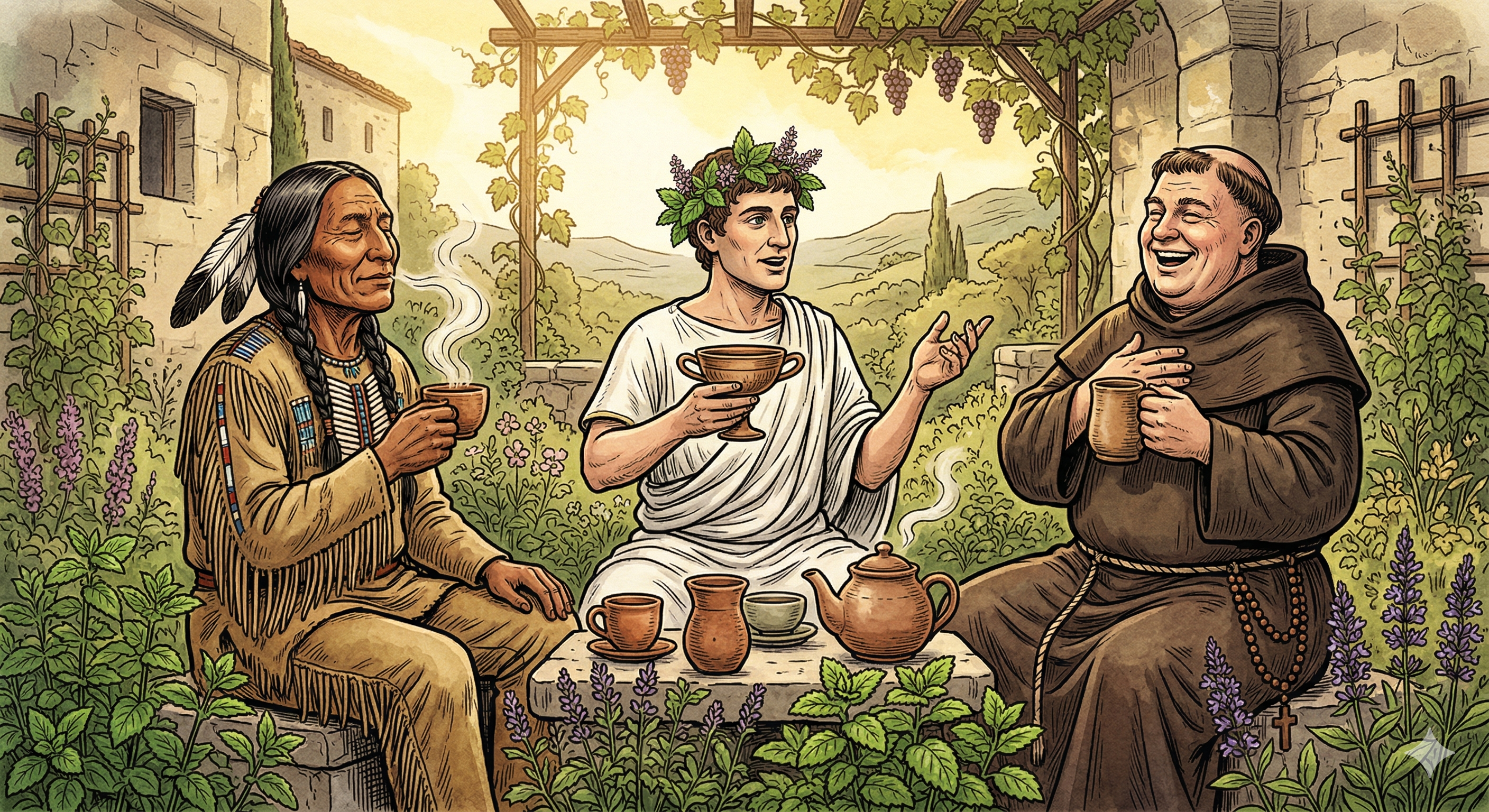 Three Ancestors Drinking Herbal Tea